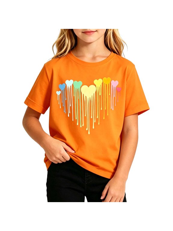 Girls T Shirts Brushstroke Print Crew Neck Short Sleeve Loose Fit Cotton Summer Casual Tee