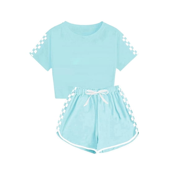 Zpanxa Girls Short Sets Fashion Girls Casual Short Sleeve Round Neck Button Print Short Pant Set Green 13 Years