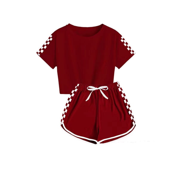 Zpanxa Girls Short Sets Fashion Girls Casual Short Sleeve Round Neck Button Print Short Pant Set Wine 7 Years