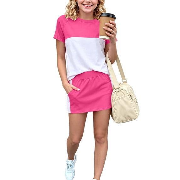 Cute Girls Outfits Color Block 2-Piece Outfit Short Sleeve Top and Skirt with Pockets Sizes 13 Years