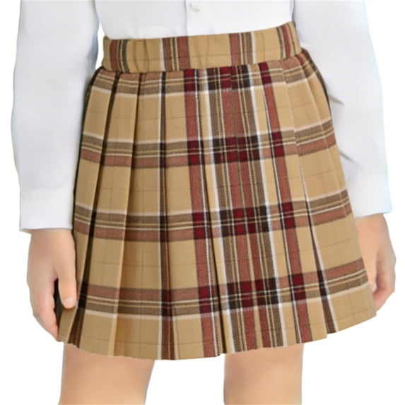 Zpanxa Girls Pleated Skirt Elastic Waist Plaid Solid Student Uniform Mini Half Skirts