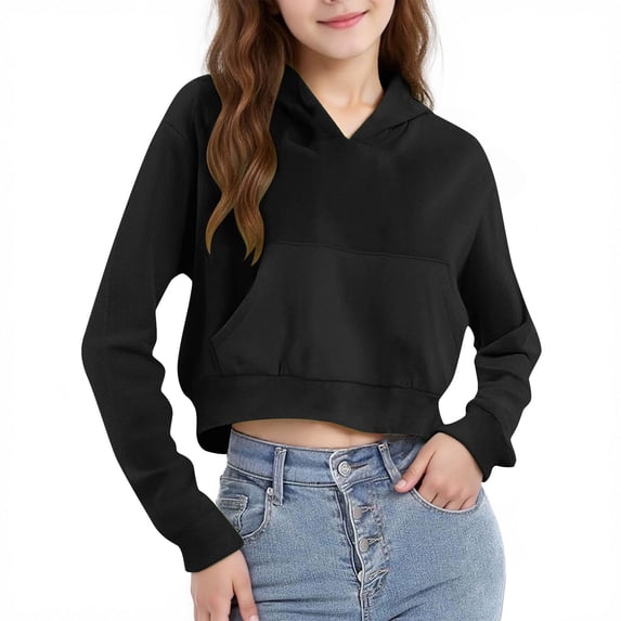 Zpanxa Girls Solid Color Cropped Pullover Hoodie Casual Short Length for Summer School Wear Black 7 Years