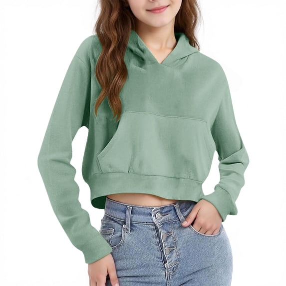 Zpanxa Girls Solid Color Cropped Pullover Hoodie Casual Short Length for Summer School Wear Mint Green 11 Years