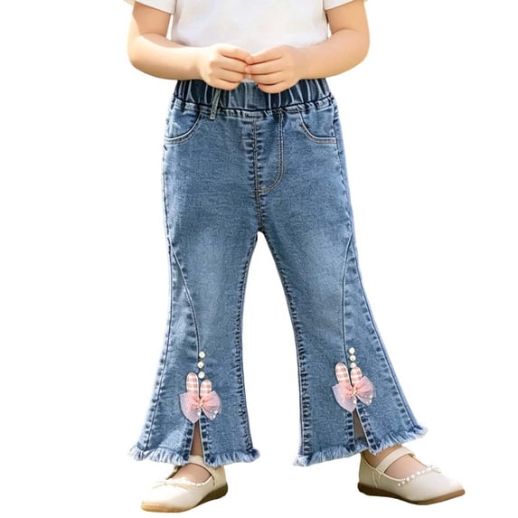 Zpanxa Girls Split Hem Bow Embroidered Flare Jeans Cute Denim Bell Bottom Pants Jeans for Girls Blue 3 Years