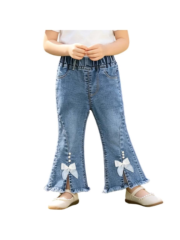 Girls Split Hem Bow Embroidered Flare Jeans Cute Denim Bell Bottom Pants Jeans for Girls Blue 3 Years