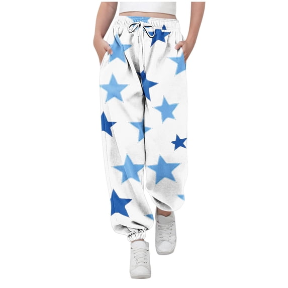 Zpanxa Girls Star Print Drawstring Jogger Sweatpants Elastic High Waist Side Pockets Soft Loose Baggy Casual Daily Play Bottoms Pants for Girls
