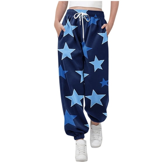 Zpanxa Girls Star Print Drawstring Jogger Sweatpants Elastic High Waist Side Pockets Soft Loose Baggy Casual Daily Play Bottoms Pants for Girls