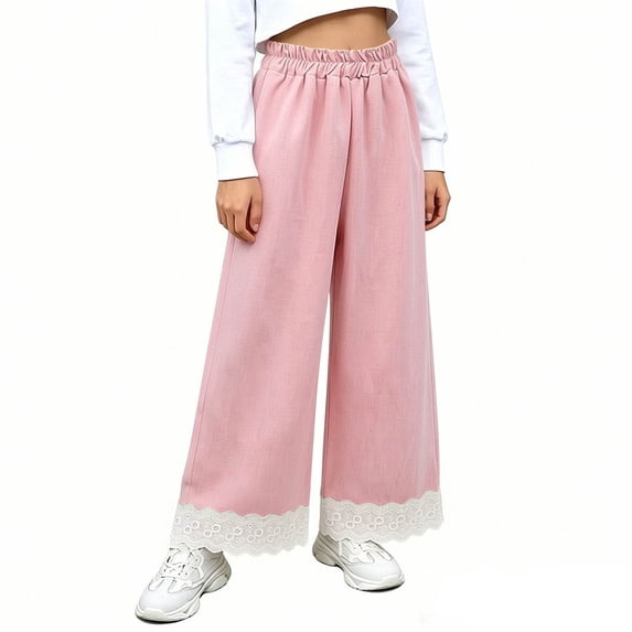 Zpanxa Girls Striped Lace Hem Wide Leg Trousers Elastic Waist Loose Fit Flowy Casual Pants for Spring Summer School Outfits Pants for Girls
