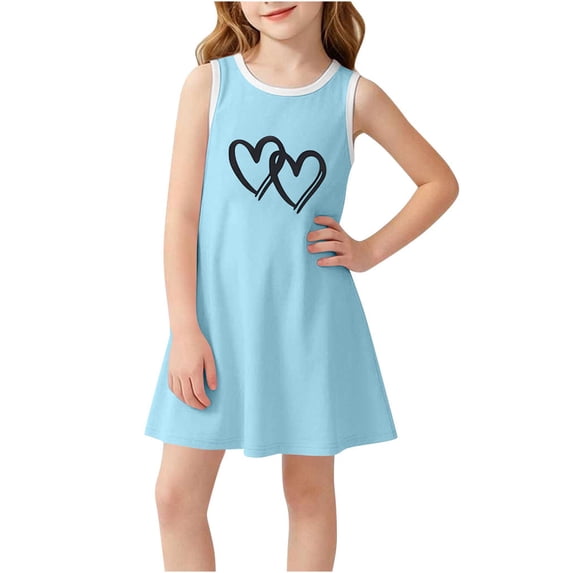 Zpanxa Girls Summer Dress Girl's Casual Sundress Floral Print Sleeveless Round Neck Dresses Blue 4 Years