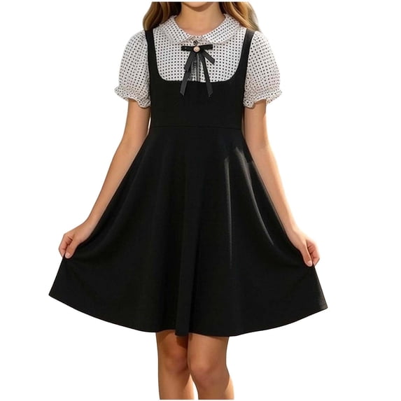Zpanxa Girls Summer Dress Girl's Preppy Relax Dress Plaid Lapel Short Sleeve Round Neck College Style Dresses Black 9 Years