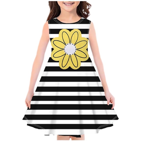 Zpanxa Girls Summer Dress Girl's Sleeveless Floral Print Loose Casual Dress Black 5-6 Years