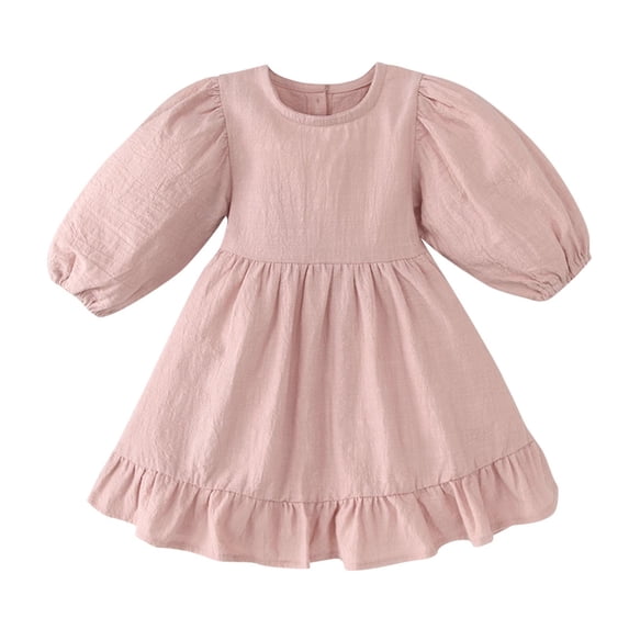 Zpanxa Girls Summer Dress Girls' Long Sleeve Round Neck Puff Sleeve Dress Ruffle Hem Loose Fit Spring Summer Casual Outfit