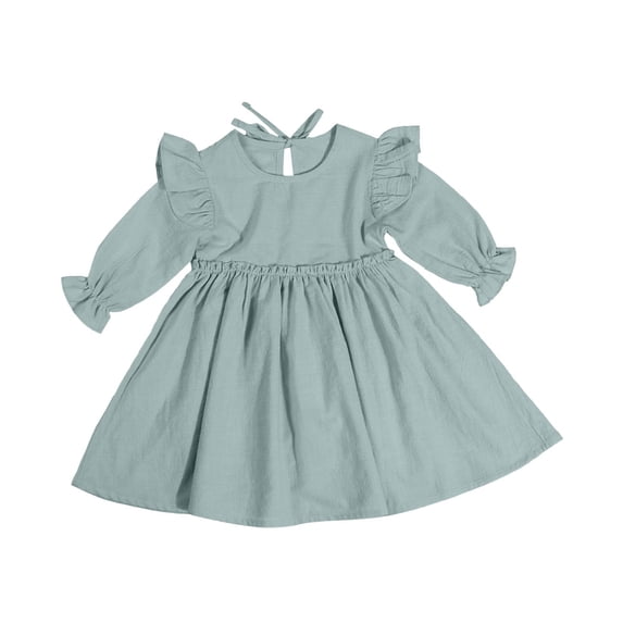 Zpanxa Girls Summer Dress Girls' Long Sleeve Round Neck Puff Sleeve Dress Ruffle Hem Loose Fit Spring Summer Casual Outfit