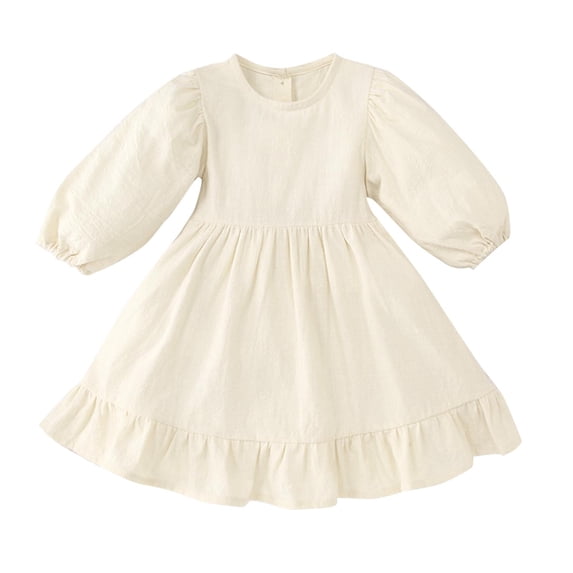 Zpanxa Girls Summer Dress Girls' Long Sleeve Round Neck Puff Sleeve Dress Ruffle Hem Loose Fit Spring Summer Casual Outfit