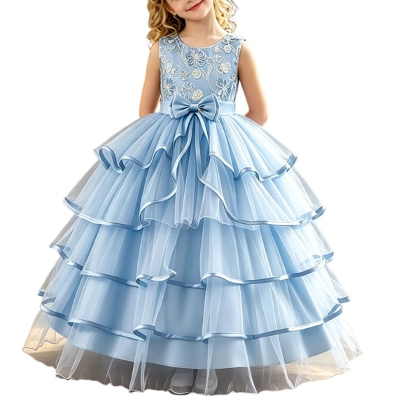 Zpanxa Girls Summer Dress Girls' Sleeveless Pink Embroidered Dress Bow Tulle Skirt Formal Holiday Flower Girl Gown