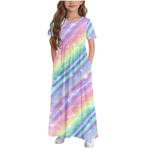 Zpanxa Girls Summer Dress Kids Solid Color Short Sleeve Ruffled Pockets Round-Neck Print Dress Multicolor 14 Years