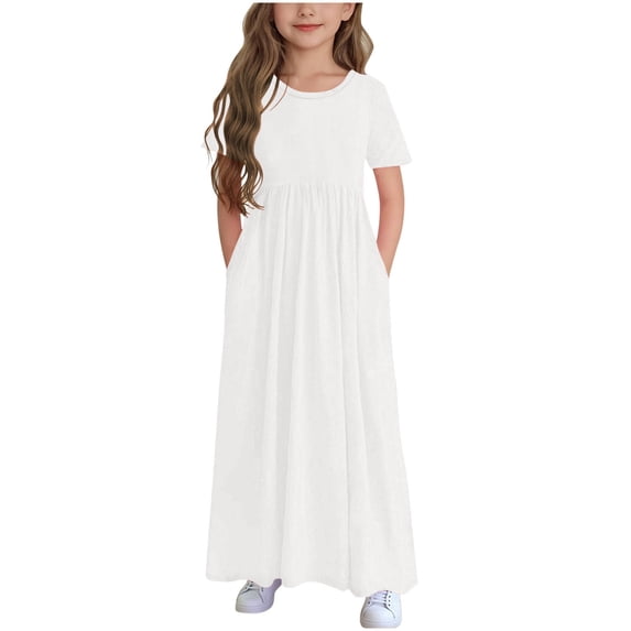 Zpanxa Girls Summer Dress Kids Solid Color Short Sleeve Ruffled Pockets Round-Neck Print Dress White 12 Years