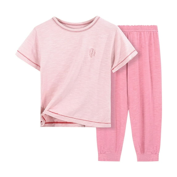 Zpanxa Girls Summer Outfits, Kids Summer Set Boys and Girls' Thin Conditioning Clothing Home Clothing Set Top and Pants Two Piece Set Pink 4 Years