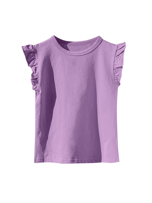 Girls Summer Shirts Girls Short Sleeve Crew Neck Ruffle Trim Tee, Flounce Detail Cute Casual Top Purple 10 Years