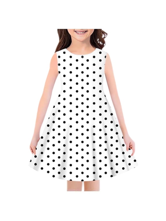 Girls Summer Sleeveless Polka Dot A-Line Dress, Kids Casual Round Neck Print Swing Sundress White 13-14 Years