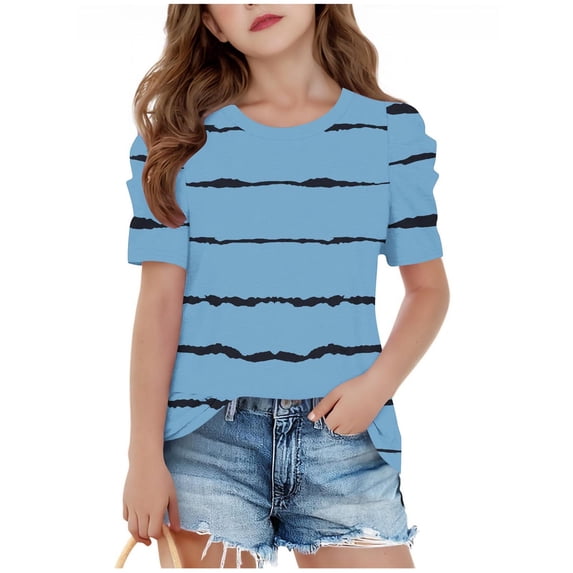 Zpanxa Girls Summer Top Girls Short Sleeve Crew Neck Allover Print Daily School Uniform Blouse Tee Light Blue 10 Years