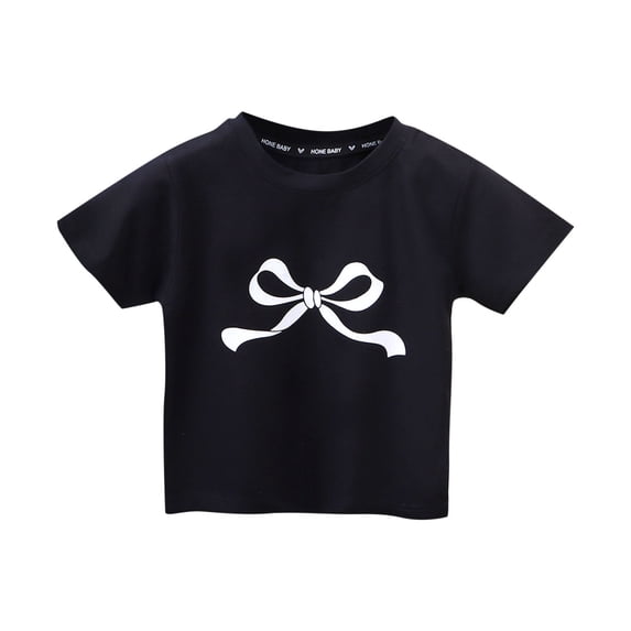 Zpanxa Kids Shirts for Girls Art Print Crew Neck Casual Top Short Sleeve Decorative Bow Detail 2-3 Years