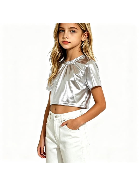 Girls Summer Top Girls and Toddlers' Shiny Metallic Crew Neck Crop Tee with Short Sleeve Fashion Tailored Cut Silver 3 Years