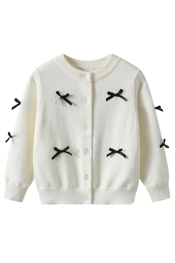 Girls Sweaters Girls Bow Decorated Button Down Cardigan Round Neck Long Sleeve Knit Sweater Sweet Cute Casual School Spring Fall Outerwear