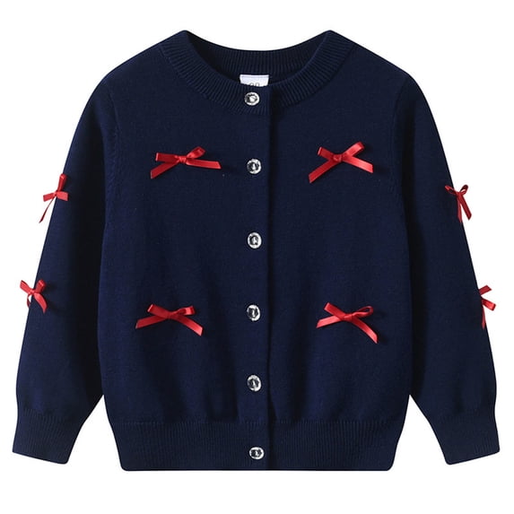 Zpanxa Girls Sweaters Girls Bow Decorated Button Down Cardigan Round Neck Long Sleeve Knit Sweater Sweet Cute Casual School Spring Fall Outerwear