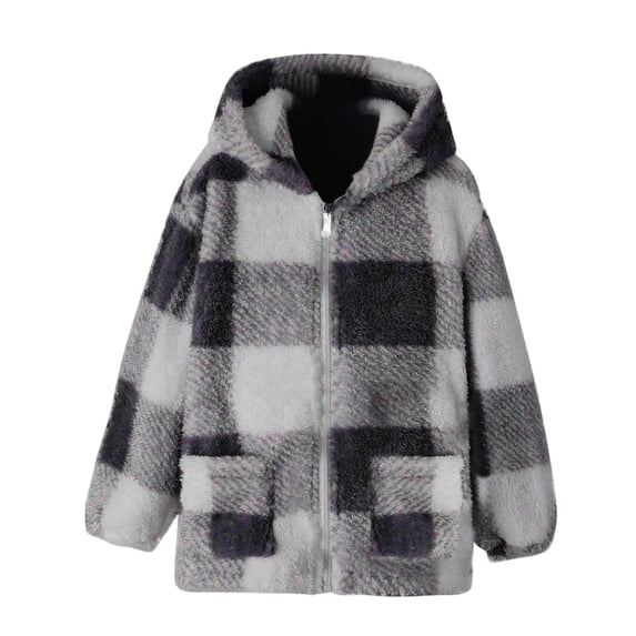 Zpanxa Girls Sweaters Kids Girls Fuzzy Fleece Plaid Hooded Open Front Cardigan Jacket Long Sleeve Warm Winter Check Pattern Outerwear Coat