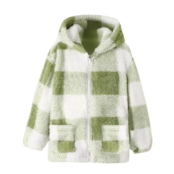 Zpanxa Girls Sweaters Kids Girls Fuzzy Fleece Plaid Hooded Open Front Cardigan Jacket Long Sleeve Warm Winter Check Pattern Outerwear Coat