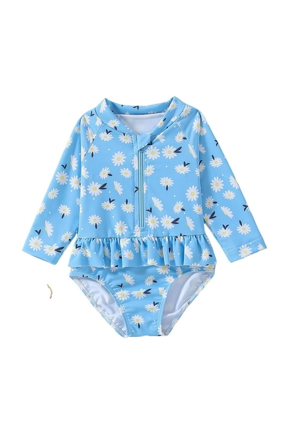 Girls Swimsuit Kids Print Long Sleeve Cute Flounce Swimsuit for Girls Blue 4 Years