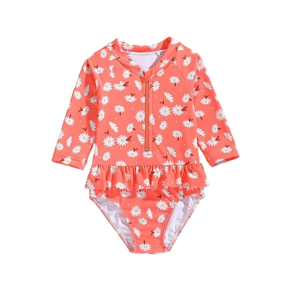 Zpanxa Girls Swimsuit Kids Print Long Sleeve Cute Flounce Swimsuit for Girls Orange 2 Years
