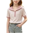 thumbnail image 1 of Zpanxa Girls T Shirts Collared Button Front Striped Short Sleeve Summer Casual Top, 1 of 7
