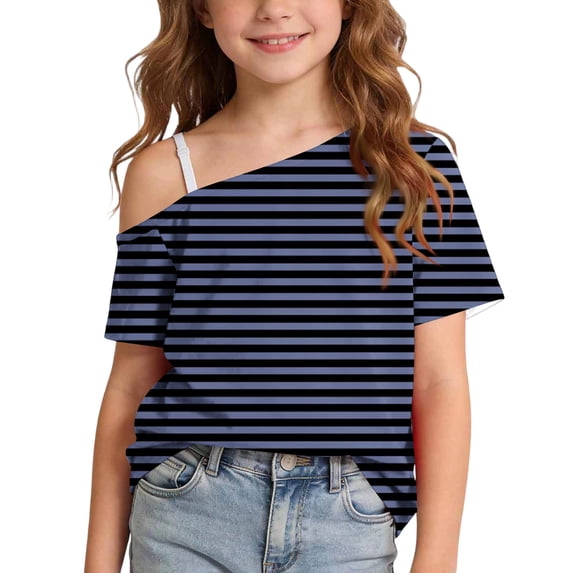Zpanxa Girls T Shirts Girls Summer One Shoulder Short Sleeve T Shirts Casual Cute Suit for 5-14Y Dark Blue 5 Years