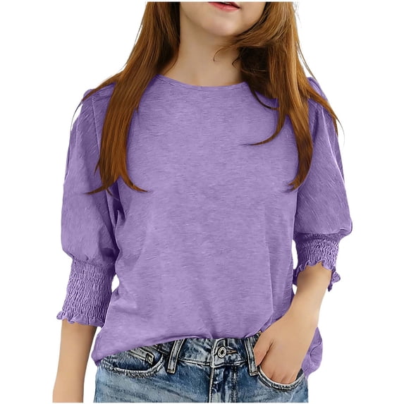 Zpanxa T Shirts for Girls Round Neck 3/4 Sleeve Shirt with Smocked Cuffs Solid Color Loose Casual Top