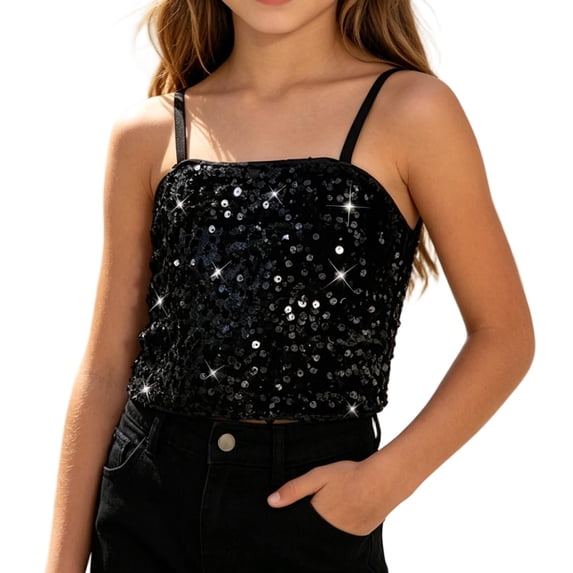 Zpanxa Girls Tank Tops Solid Sparkly Sequin Camisole Sleeveless Square Neck Polyester Sequin for Kids