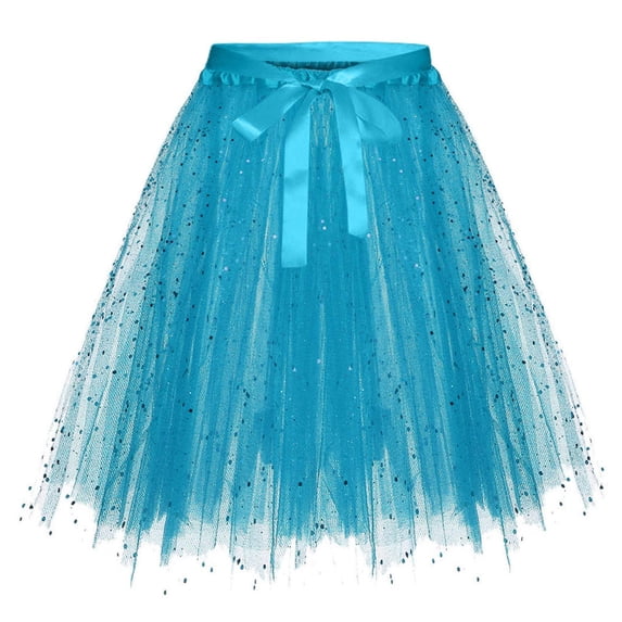 Zpanxa Girls Tutu Skirt Girls' Elastic Waist Glitter Mesh Pleated Solid Sweet Half Skirts Sky Blue M
