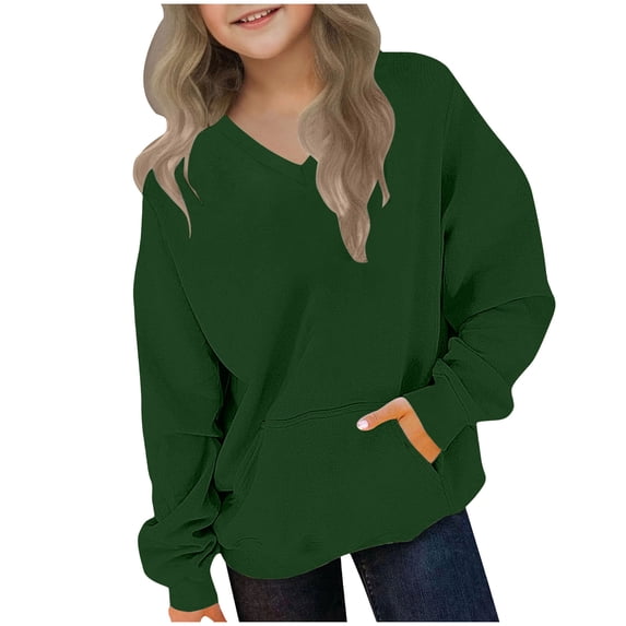 Zpanxa Girls V Neck Drop Shoulder Sweatshirt Kangaroo Pocket Long Sleeve Pullover Toddler Green 10 Years