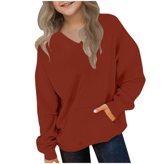 Zpanxa Girls V Neck Drop Shoulder Sweatshirt Kangaroo Pocket Long Sleeve Pullover Toddler Red 2 Years