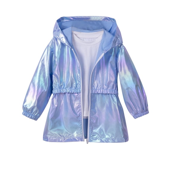 Zpanxa Girls Winter Coats Girls Iridescent Holographic Hooded Windbreaker Kids Drawstring Waist Shiny Lightweight Zip Up Jacket