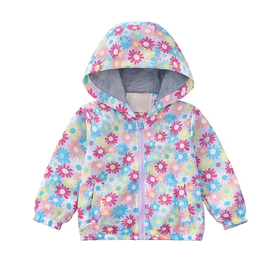 Zpanxa Girls Winter Coats Girls Rainbow Floral Print Fleece Lined Hooded Windbreaker Kids Lightweight Warm Transition Jacket