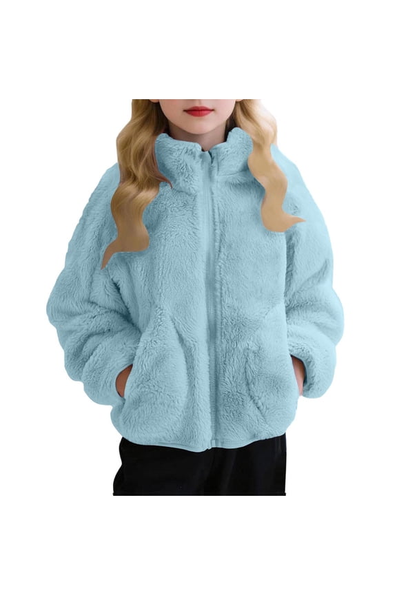 Girls Winter Jackets Kids Girls Fleece Stand Collar Zip Up Jacket Coat Long Sleeve Soft Warm Winter Outwear Solid Color Sherpa Fleece Top