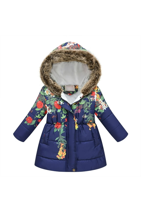 Girls Winter Parka Long Coat with Faux Fur Hood Warm Cotton Padded Jacket Outerwear for Kids 2-13 Years