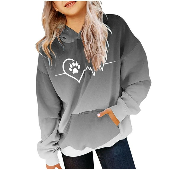 Zpanxa Gradient Heart Paw Print Hoodie, Boys Girls Fleece Pullover with Pocket, Long Sleeve Casual Kawaii Style Sweatshirt for Kids 2-14 Years