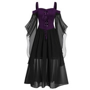 JERDAR Zpanxa Halloween Costume, Womens Gothic Witch Vampire Medieval Dress, Plus Size Renaissance Cosplay Vintage Maxi Dress, Long Sleeve Splicing Solid Retro Gown Button Irregular Dress Purple Blue 5XL