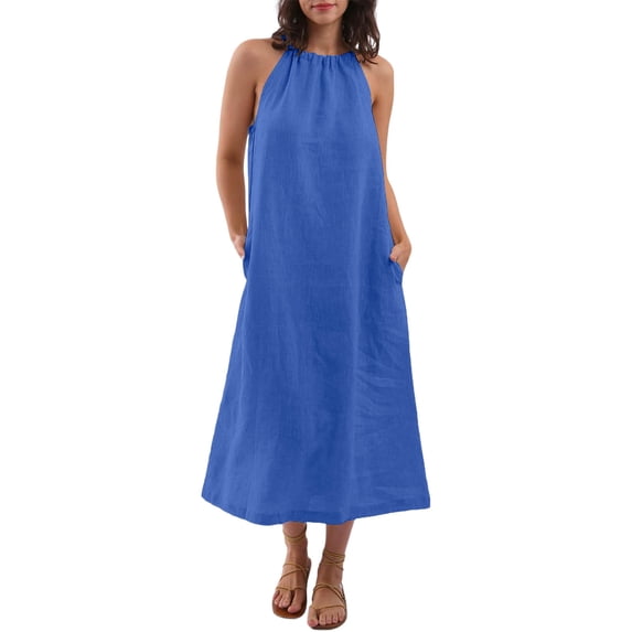 Zpanxa Halter Neck Sleeveless Dress, Pure Cotton Linen Dress for Women, Solid Color Boho Beach Dress with Side Slits