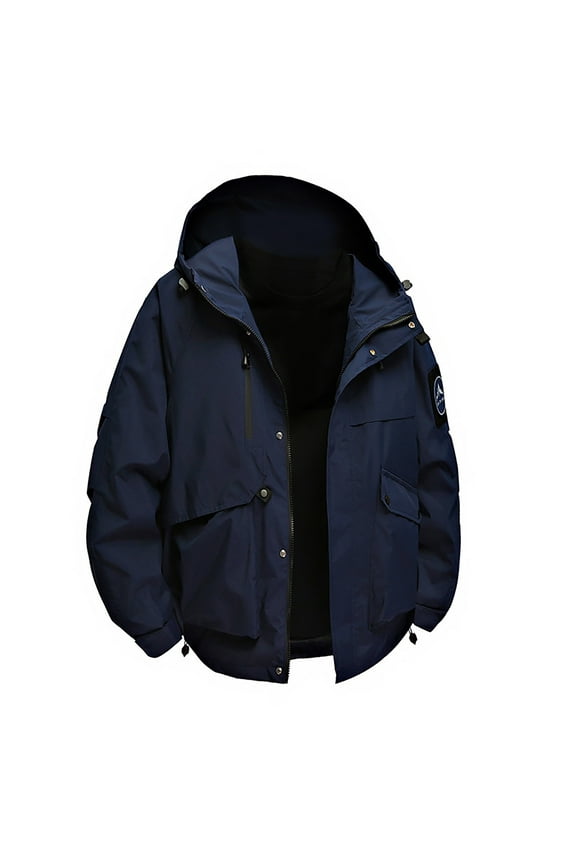 Heavy-Duty Waterproof Work Jacket Hooded Rugged Raincoat with Multiple Utility Pockets for All-Weather Outdoor Construction and High-Visibility Work Commute Dark Blue XXL