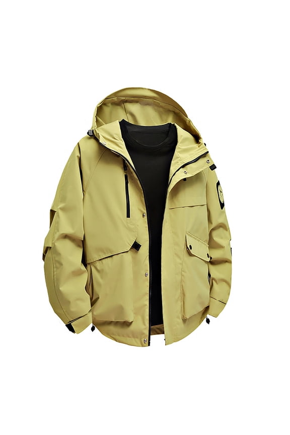 Heavy-Duty Waterproof Work Jacket Hooded Rugged Raincoat with Multiple Utility Pockets for All-Weather Outdoor Construction and High-Visibility Work Commute Yellow S