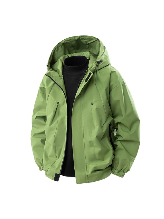 Heavy-Duty Waterproof Work Jacket Hooded Rugged Raincoat with Multiple Utility Pockets for All-Weather Outdoor Construction and High-Visibility Work Commute Green L